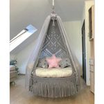 Aayan Macrame Cotton Bohemian Handmade Jhula Swing Chair for Single Seater Hanging Swing with Accessories Soft Cushion Backyard Relax for Indoor, Outdoor, Home Grey with White Balcony Swing 1-Piece