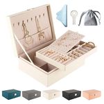 Jewellery Box Organiser Jewelry Storage Box for Women Girl, 2 Layers, Leather Jewellery Organiser box with Removable Tray & Hangers for Necklace Earrings Rings Bracelets, Lockable Design White