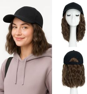 SEGO Hat Wig, Hat with Hair Attached for Women Black Baseball Cap with Hair Extensions, Short Curly Bob Baseball Cap Wig Adjustable Hats for Daily Party 8 Inch #10