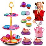 xwin sportseries Kids 3 Tier Cupcake Stand Dessert Plate & Tea Party Set with Cookies, Doughnut, Teapot, Spoons & Carrying Case, Kids Kitchen Pretend Play toy 35 Pcs