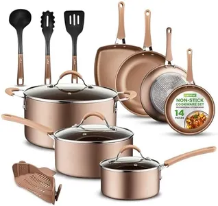 NutriChef 14-Piece Nonstick Cookware PFOA/PFOS-Free Heat Resistant Lacquer Kitchen Ware Set w/Saucepan, Frying Pans, Cooking, Dutch Oven Pot, Lids, Utensils, NCCW14S, Shiny Golden