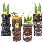 Tiki Mugs Cocktail Set of 4 - Large Tumblers Ceramic Hawaiian Luau Party Mugs Drinkware, Cute Exotic Cocktail Glasses, Tiki Bar Professional Hawaiian Party Barware, TKSET0005…