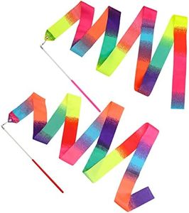 Abeillo 2pcs Rhythmic Dance Ribbons, 78.7 Inch Gymnastics Ribbon Wand Dancing Ribbon Streamers for Kids, Fits Artistic Dancing Gymnastics, Circus Carnival Shows, Baton Stick Twirling (Rainbow)