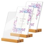 A4 Display Stand with Wood Base, 3 Pack A4 Wood Sign Holder Vertical or Slant Back Display Stand, A4 Acrylic Sign Holder for Shop, Office, Hotel, School, Picture, Documents