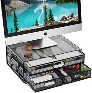 Marbrasse Monitor Stand with Drawer, Monitor Stand, Metal Mesh Desk Organizer with three Pull Out Storage Drawers, Monitor Stand with Storage, Desktop Computer Stand for PC, Laptop, Printer, iMac