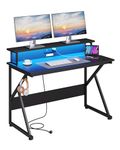 KIMENICH Computer Desk, Gaming Desk with LED Lights and Socket, Office Desk with Monitor Stand, PC Desk, for Home, Office, 120 cm, Black