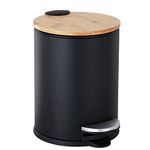 Trash Can with Bamboo Lid Soft Close, 3L Mini Pedal Bin, Round Garbage Can with Inner Bucket for Bathroom, Bedroom, Powder Room, Office, Desk, Car (Black)