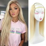 RemeeHi Beauty Straight 5 Clips Hairpieces Hair Extension U Part 3/4 Half Wigs with Adjustable Straps Real Human Hair for Women 26 Inch 60# Platinum Blonde 240g