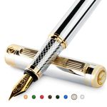 Scriveiner Silver Chrome Fountain Pen - Stunning Luxury Pen with 24K Gold Finish, Schmidt 18K Gilded Nib (Medium), Best Pen Gift Set for Men & Women, Professional, Executive Office, Nice Designer Pens