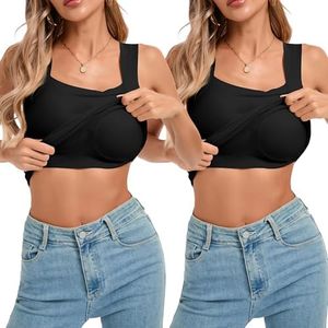 VELISDE Womens U Neck Shapewear Built-in Bra Tank Top High Strechy Slim Fit Compression Camisole Workout Tops(Black+Black,S)