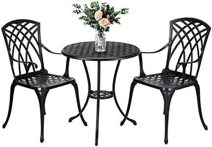 IDEALHOUSE Cast Aluminum Patio Bistro Set with Umbrella Hole, 3 Piece Outdoor Bistro Set Rust-Resistant, Patio Table and Chairs, Outdoor/Indoor Use, for Garden,Backyard, Patio Balcony, Black