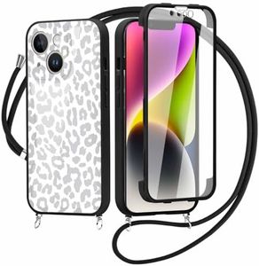 Phoona Funda con Cuerda para iPhone 13 Mini 5,4",360 Grados Silicona Carcasa,con Colgante Ajustable Collar Correa de Cuello Cadena Cordón Case y Leopardo Aesthetic Motivo, para iPhone 13 Mini