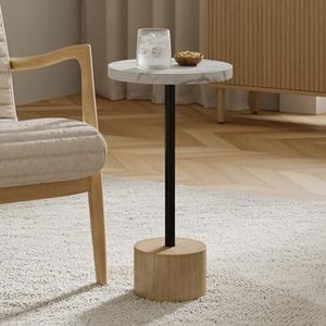 Round Metal Drink Table - Pedestal Drink Table - Modern Home, Bedroom, and Living Room Furniture - Small Metal Side Table with Cylindrical Light Brown Base (Faux Marble Top)