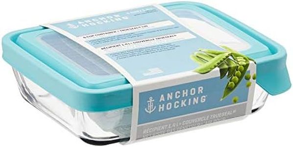 Anchor Hocking TrueSeal Glass Food Storage Containers with Mineral Blue Airtight Lids, 6 Cup Capacity (48 Oz), Rectangle, Pack of 4