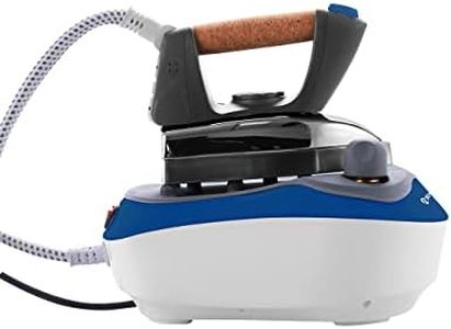 Plancha con caldera a presión, placa de aluminio, vapor continuo, depósito de 850 ml, potencia 2300 W, doble botón de encendido, tapón de seguridad azul