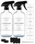 Vine Creations Clear Glass Spray Bottles 2 Pack with Waterproof Labels & Accessories, Thick 16oz Refillable Bottle for Essential Oils, Cleaning Solutions, Adjustable Nozzle with Mist & Stream Option