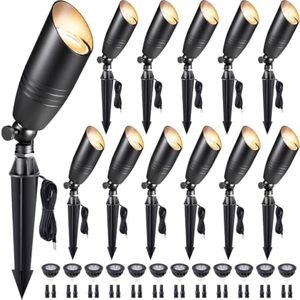 Gardenreet Die-Cast Brass Spot Light Outdoor - 12V LED Uplighting Waterproof, Low Voltage Landscape Lights Direct Wire, Black for Fence Fountain with Warm White MR16 Replaceable Bulbs (12 Pack)