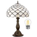 Tiffany Lamp Cream Stained Glass Crystal Pearl Bead Style Table Reading Light W12H18 S005 WERFACTORY Lamps Parent Friend Lover Kids Living Room Bedroom Bedside Coffee Bar Desk Bookcase Antique Gifts