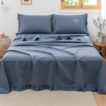 Simple&Opulence French Linen Sheet Set Ruffle Edge King Size, 4 Pieces(1 Flat Sheet, 1 Fitted Sheet&2 Pillowcases) Natural Flax Cotton Blend Chic Bedsheets Soft Breathable Farmhouse Bedding-Navy Blue
