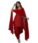 Xomantic Fashion Red Color Kurta patiala Set With Dupatta (Small, Red)