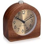 Navaris Analogue Wooden Alarm Clock - Retro Table Clock with Half Round Design, Snooze Function, Alarm, Gold Face Light - Natural Wood in Dark Brown