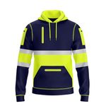 NOROZE Mens Hi-Viz Pullover Hoodie Grey Reflective Tape High Visibility Safety Coat With 4 Zip Utility Phone & Gadget Pockets Sweatshirt Top Jacket (XL, Style 2: Neon Green/Navy)