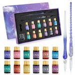 PDCTACST Glass Dip Pen Ink set, 12 Colors Calligraphy Ink Set with 1 Crystal Glass Pen, 12 Multicolor Ink, Pen Holder Cleaning Cup Ink Drip Tool for Art Writing Signature Beginners Valentines Day Gift