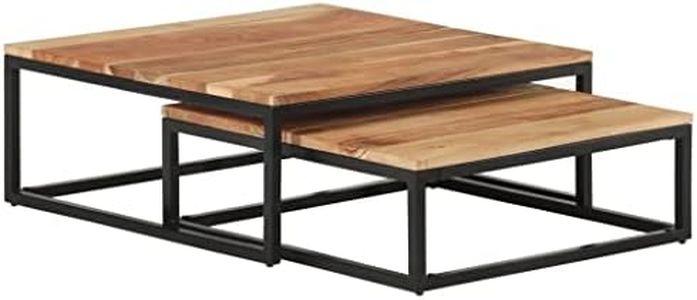 vidaXL Solid Acacia Wood Nesting Coffee Tables - Set of 2, Brown Finish, Industrial Design, Space-Saving, Iron Base