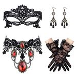 JeryWe 4 Pcs Halloween Black Lace Necklace Set Gothic Layered Ruby Necklace Pendant Earrings Lace Cutout Sexy Gloves Masquerade Mask Red Rhinestones Vampire Costume Accessories Ladies Punk Party Vintage Accessories Jewelry Costume Jewelry