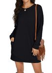 Womens Long Sleeves Sweatshirt Loose Round-Neck Tuinc Tops Basic Dress with Side Pockets