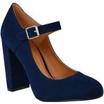 Womens Block High Heels Ankle Strap Court Shoes Ladies Mary Jane Comfort Work Pumps Formal Smart Office Heeled Party Occasion Strappy Slip On Heel Sandals Navy Blue Faux Suede 6 UK