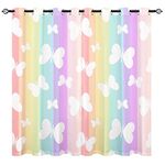 YUANZU Rainbow Butterfly Curtains - Girls Kids Cute White Butterflies on Colorful Stripes Print Pattern Eyelet Blackout Thermal Insulated Window Drapes for Living Room Bedroom 2 Panels W117cm x D137cm