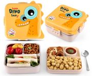 Primalite Kids Fun Dino Theme Stainless Steel Bento Lunch Box for School, 3-Compartment, Sauce Jar & a Spoon, Leak-Proof with Seal-Ring Design & Multiple Lock-Design Tiffin, Air-Tight- 1100ML- Yellow