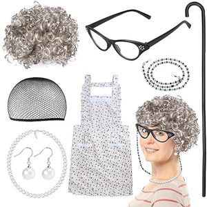 Keymall Old Lady Wig Accessories Old Women Grandma Granny Costume for Halloween Cosplay 100 Days of School (Set E)