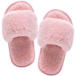 Boys Girls Open Toe Fuzzy Slippers Soft Plush Fluffy Fur Slide Sandals Leopard Rainbow House Home Slip On Indoor Outdoor (1.5-2.5, Pink, numeric_1_point_5)