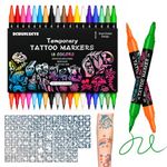 Bchunlucve 18 Colors Temporary Tattoo Markers for Skin, Dual-Tip Body Art Marker Set with 96 Stencils, Henna Body Tattoo Kit，Skin-Safe & Washable Fake Tattoo Pens for Adults Teens Girl Gifts