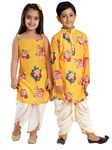 VASTRAMAY Boys' Multicolor-Base-Yellow Cotton Blend Kurta and Dhoti Set & Girls' Floral Printed Cotton Silk Kurta And Tulip Pants[Boy's (6-12 Months) / Girl's (7-8 Years)]