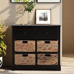 PHI VILLA Storage Cabinet with Baskets-Accent Chest for Bedroom Cabinet with Drawers Rattan Cabinet End Table Black