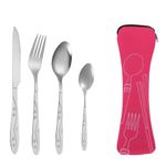 YCLFHOO Travel Cutlery Set,4 Pcs Stainless Steel Cutlery Set with Storage Bag,Camping Cutlery with Spoon Knife and Fork Set,Cutlery Set for 1 Suitable for Picnic/School/Office-Pink