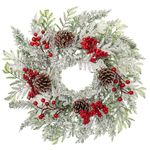 Christmas Wreath, 18 Inch Flocked Snow Wreath with Frosted Branches, Berries and Pine Cones for Front Door Decoration Indoor Window Wall Fireplace Xmas Décor