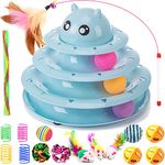 17 Pack Cat Toys Interactive for Indoor Cats Kitten Toy Fun Roller 3 Level Cat Teaser Ball Toys with Cat Feather Wand (Baby Blue)