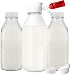 32oz/1L Glass Milk Bottle with Dispenser Cap, 3 Pack Glass Juice Bottles - 3 Airtight Reusable Screw Lid & 3 Removable Silicone Sealing Gaskets, Jug Pitcher, Water, Syrup, Honey, Buttermilk