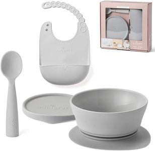 Miniware First Bites Deluxe Set: Cereal Bowl, Detachable Suction Foot, Training Spoon, Silicone Bib for Baby Toddler Kids | Promotes Self Feeding | BPA Free | Dishwasher Safe (Dove Grey)