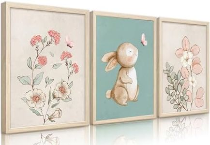 Generic Nursery Wall Art Cute Bunny Botanical Flowers Wall Decor Pink Green Nursery Pictures Posters Girl Bedroom Canvas Prints gifts for Baby Boys and Girls Playroom paintings Unframed(12x16inch)