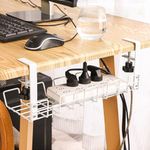 No Drill Under Desk Cable Management Tray Under Desk Cable Tray Holder Desk Cable Organizers Accessories Desk Cable Management Box Fits Most Table for Office, Home - No Damage to Desk（White）