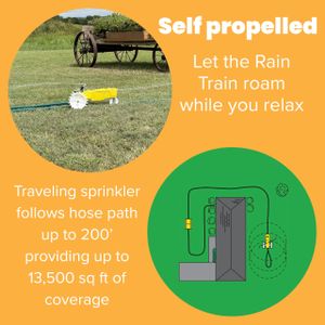 Nelson Rain Train Traveling Lawn Sprinkler – Heavy Duty, Large Area, Yellow