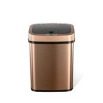 Ninestars 3 Gallon Automatic Trash Can, 12L Touchless Motion Sensor Bathroom or Bedroom Garbage Can with Odor-Sealing Lid, Rectangular Gold Stainless Steel Base, Black Lid
