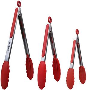 Popco Silicone Tongs for Cooking Grilling (3 food tongs x 7/9/12") Heavy Duty Stainless Steel BBQ Tongs for Grilling, Cooking Tongs, Kitchen Tongs with Silicone Tips, Salad Tongs, Rubber Tongs Buffet