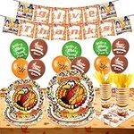 PIUMOJ Thanksgiving Fall Tableware Decorations, Autumn Pumpkin Maple Leaves Dinnerware Kit, Thanksgiving Banners Napkins Plates Cups Ballons for 16 Guests Autumn Thanksgiving Day Party Supplies