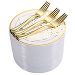 Stylish 7.5 Inch Gold Dessert Plates with Disposable Forks and Gold Cocktail Napkins (100 Set) - White and Gold Plastic Dessert Plates for Wedding - Cake Plates - Disposable Appetizer Plate